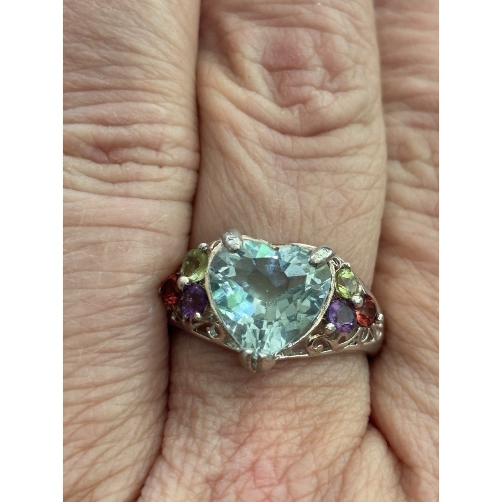 Vintage Heart-Shaped Blue Topaz and Multi Gem Ring in Sterling Silver, Size 9 - Picture 11 of 12
